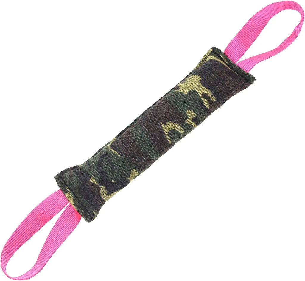 Beige jute dog tug toy with two fabric handles for interactive tug-of-war training