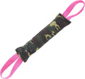 Beige jute dog tug toy with two fabric handles for interactive tug-of-war training