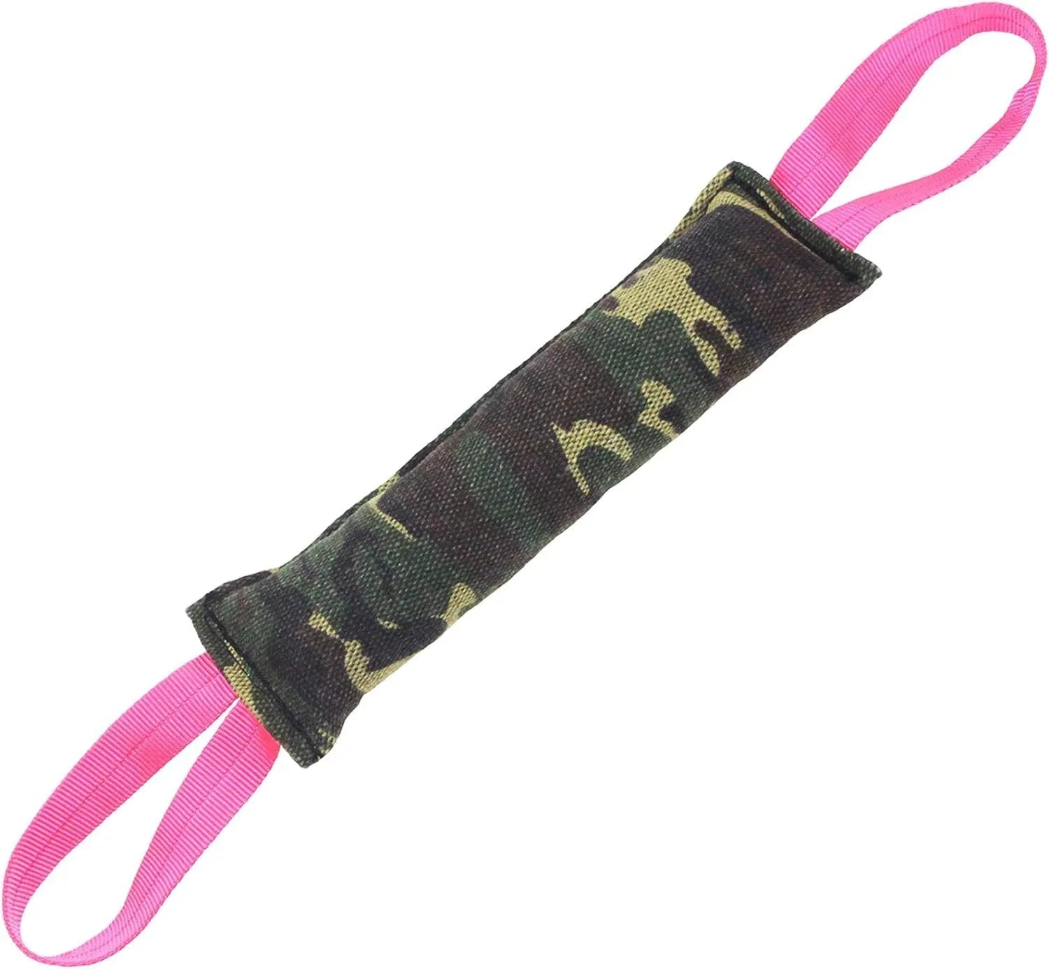 Beige jute dog tug toy with two fabric handles for interactive tug-of-war training
