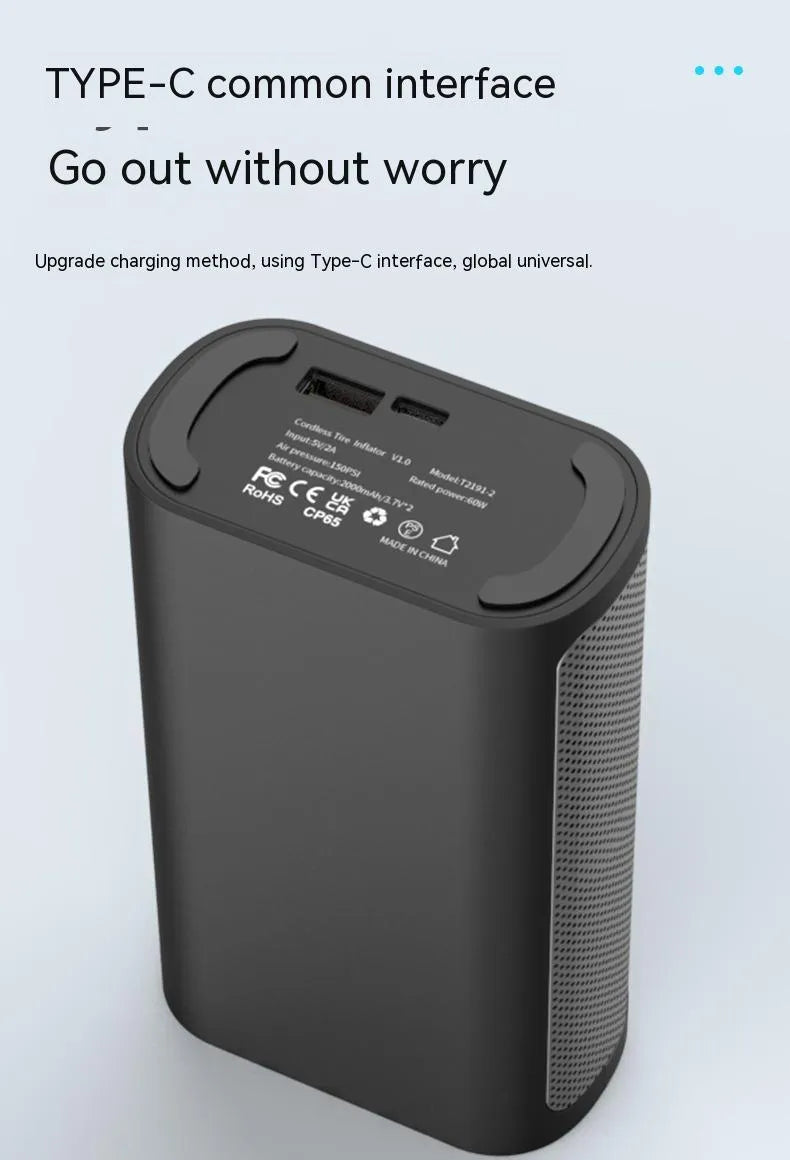 Wireless digital handheld tyre pump with LCD screen, black ABS body, and attached air hose with nozzles.