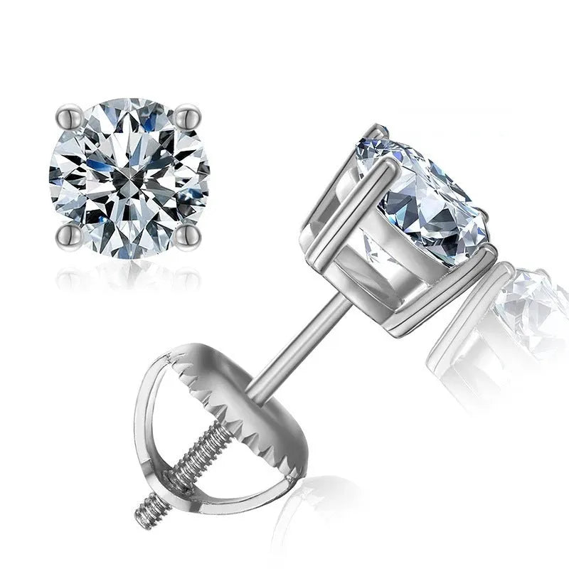 Silver moissanite screw-back stud earrings with four-claw setting on black card