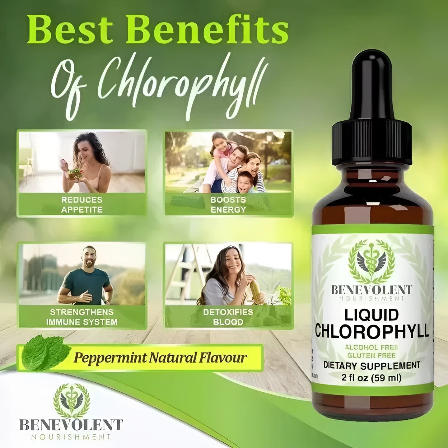 A 60ml glass bottle of green liquid chlorophyll drops with a black dropper for adult dietary supplement use.