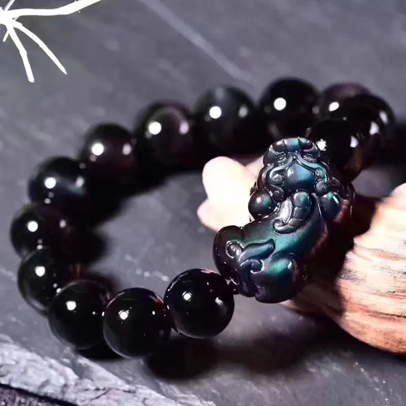 Natural ice colour eye obsidian crystal bracelet showing bead detail and available size options