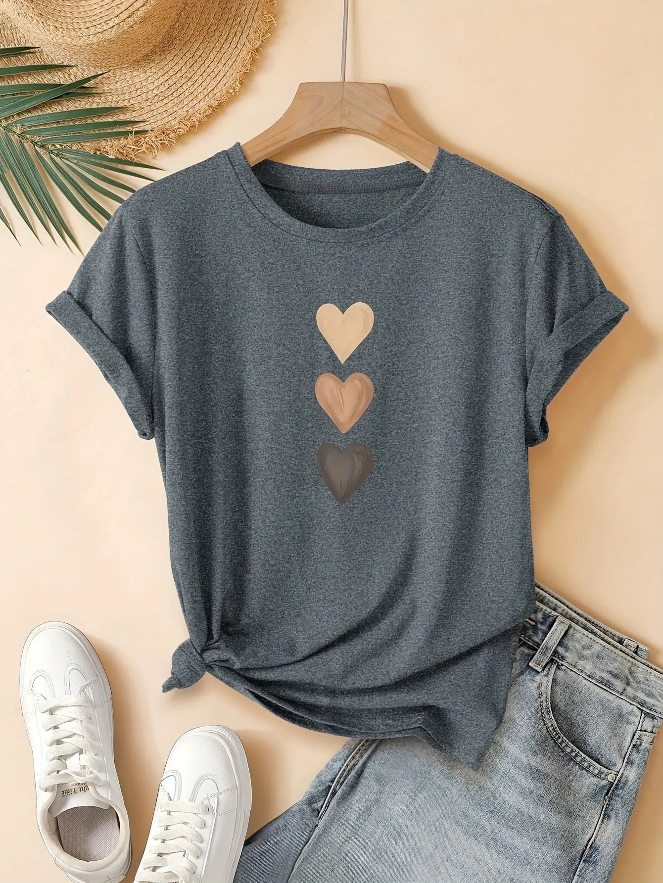Women's pure cotton short sleeve t-shirt with a printed three-heart pattern in a Chinese retro style, shown in blue.