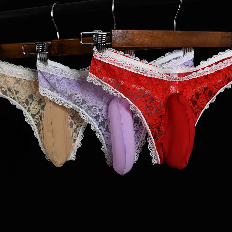 Men's lace triangle briefs with vertical bag egg design in low-waist style