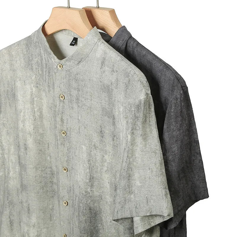 Men's linen-style loose cardigan shirt in solid colour with stand collar