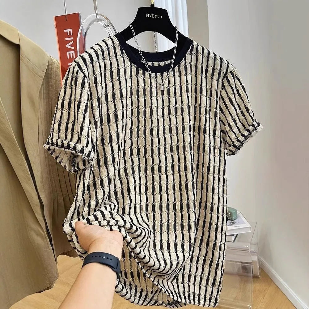 Men's black striped short sleeve shirt in loose silk-linen blend on hanger