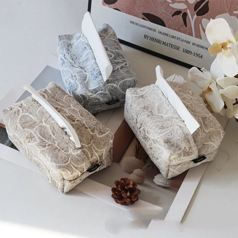 Cotton floral fabric tissue box cover in beige, blue, or brown, showing removable drawer.
