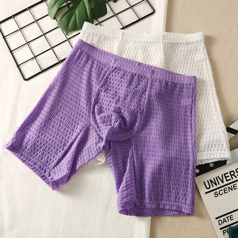 Men's solid colour lace boxer shorts for shaping, shown in multiple colours including rose red and black.