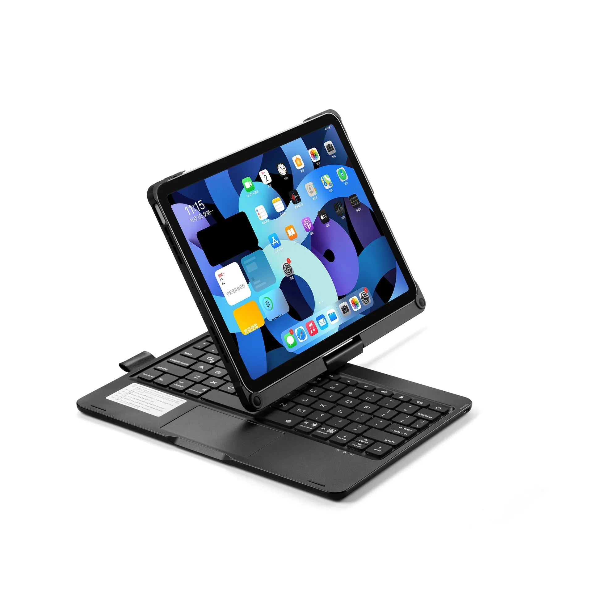 Silver 360-degree rotating Bluetooth backlit keyboard next to an iPad Pro.
