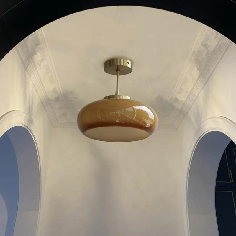 Bauhaus pendant light with three milk white egg tart glass shades for ceiling mounting
