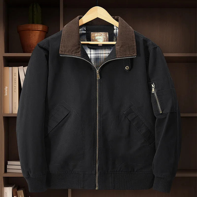 Men's plus-size washed cotton baseball flight jacket in Army Green