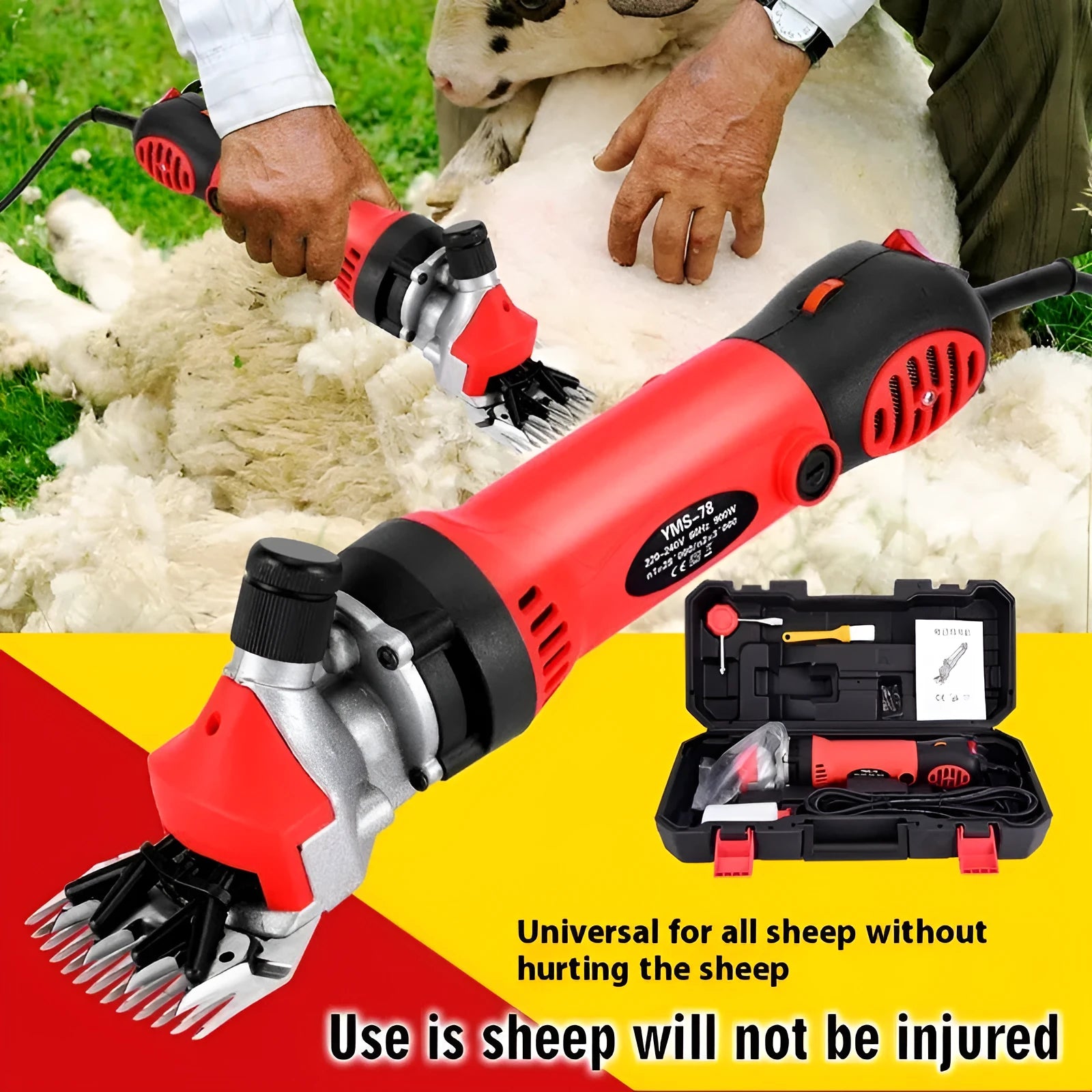 Yellow electric wool shearing machine with 110V plug and multiple blade sets in storage case