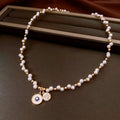 Golden white real gold electroplated zircon pearl round pendant necklace on clavicle chain