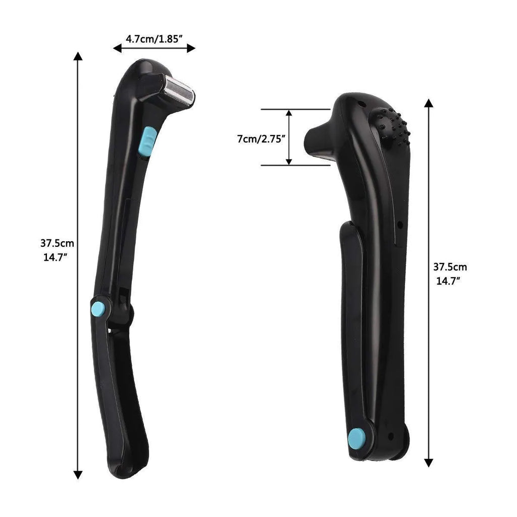 Black folding body electric shaver with dry battery compartment and hair removal head