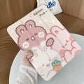 Cartoon style silicone tri-fold protective case for Apple iPad in standing position.