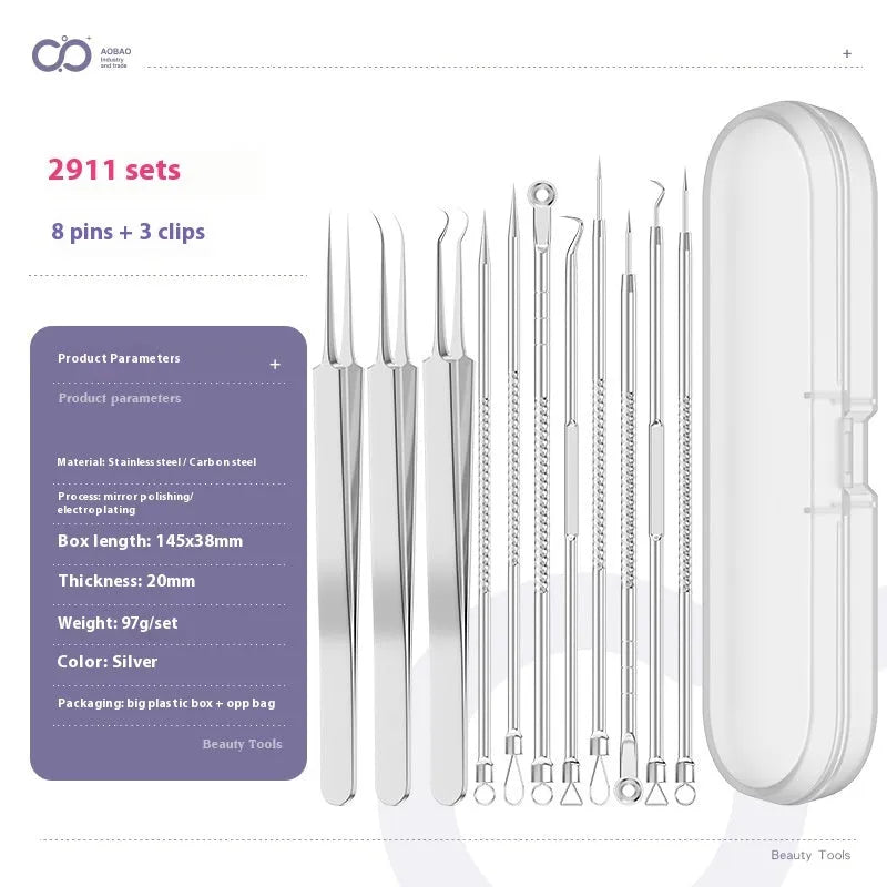 Four silver metal acne needles with pointed tips for skincare extraction.
