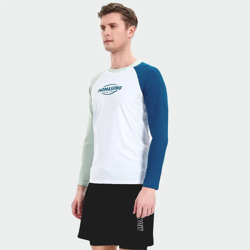 Men's white long-sleeved swimming top with matching double-layer beach swim trunks set