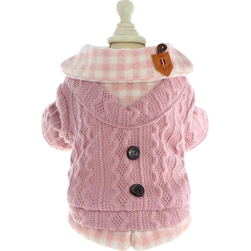 Blue wool plaid dog sweater with fleece lining shown on small dog, fake two-piece design