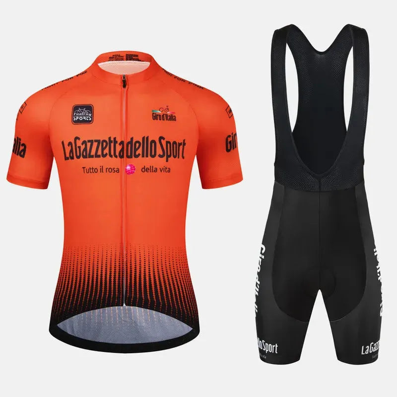 Unisex short sleeve cycling suit in row pattern design, made from quick-dry polyester fabric.