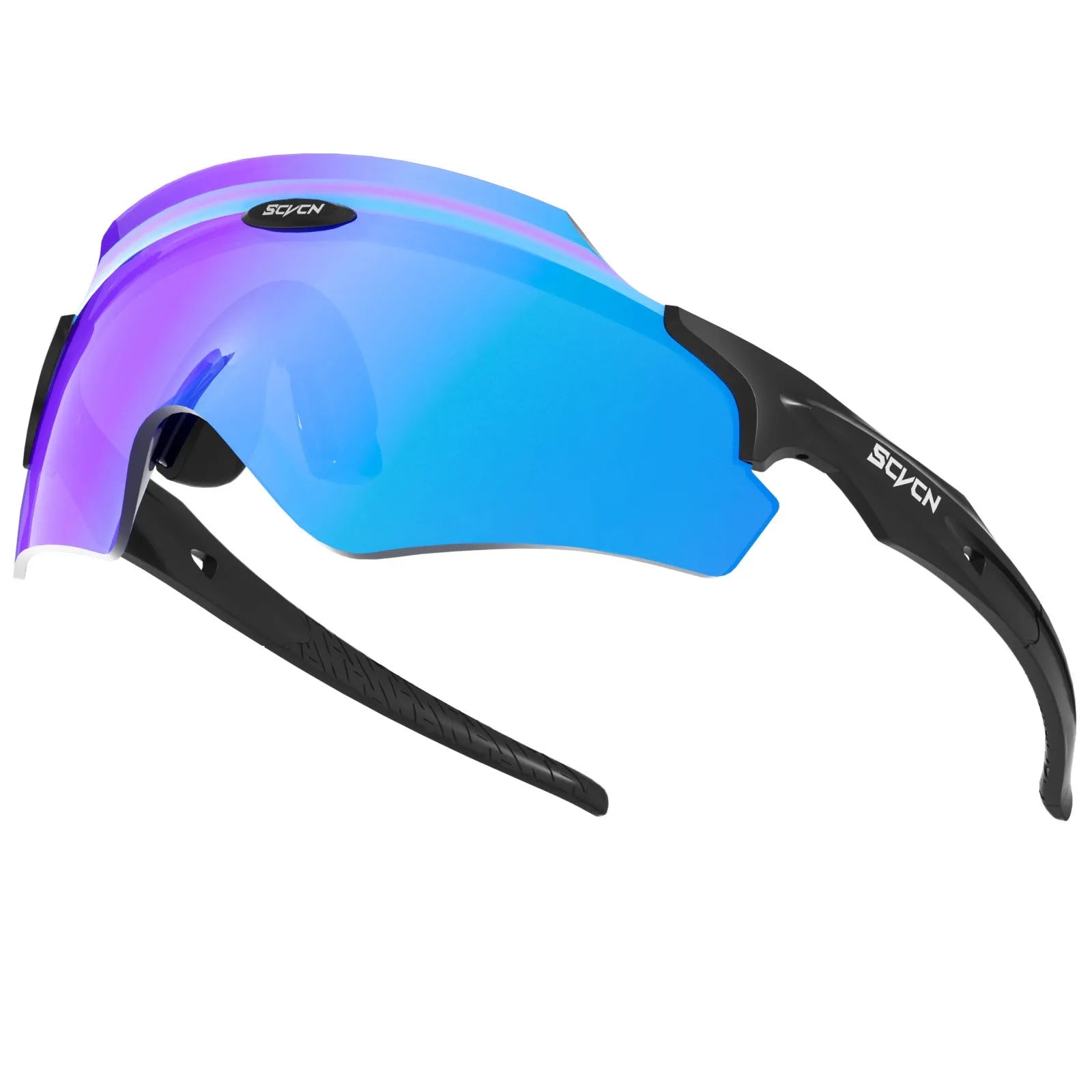 Frameless windproof sports goggles with an integrated colourful lens, shown in a sporty setting.