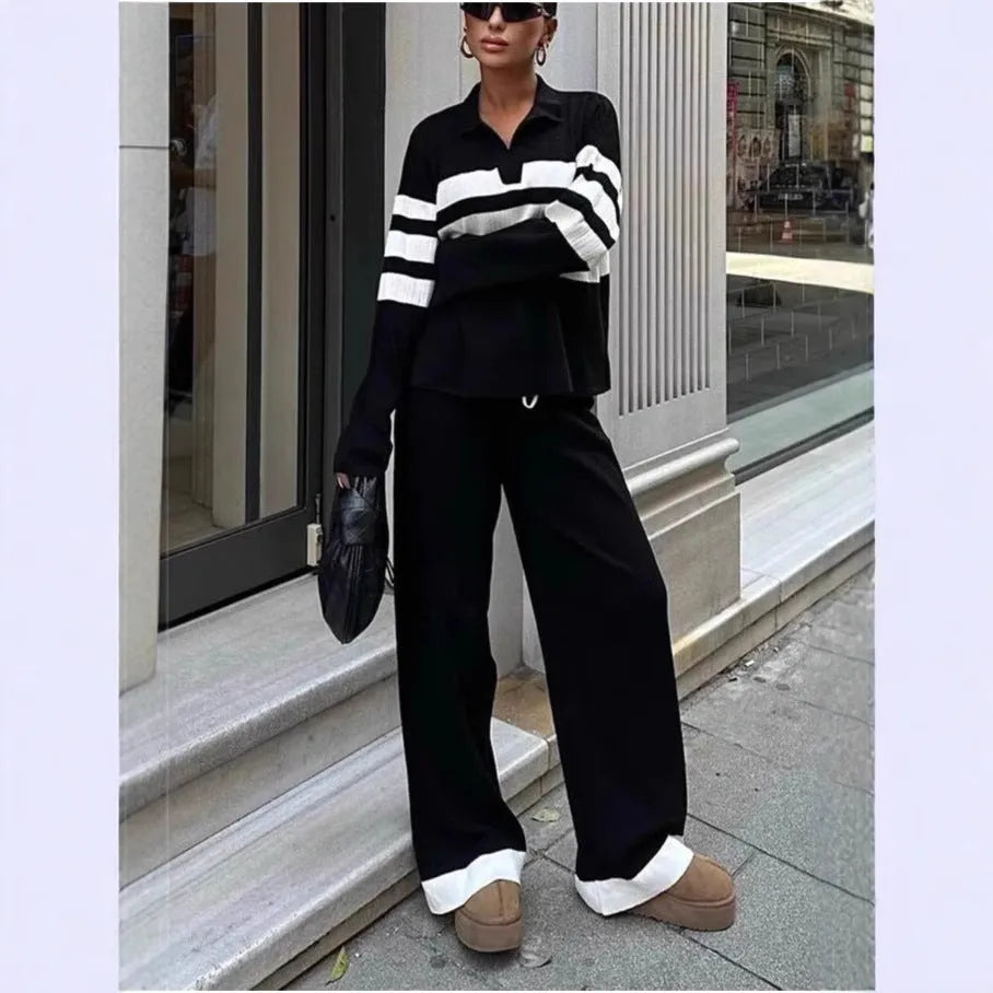 Women's black and white striped knitted polo collar two-piece set with long sleeve top and trousers