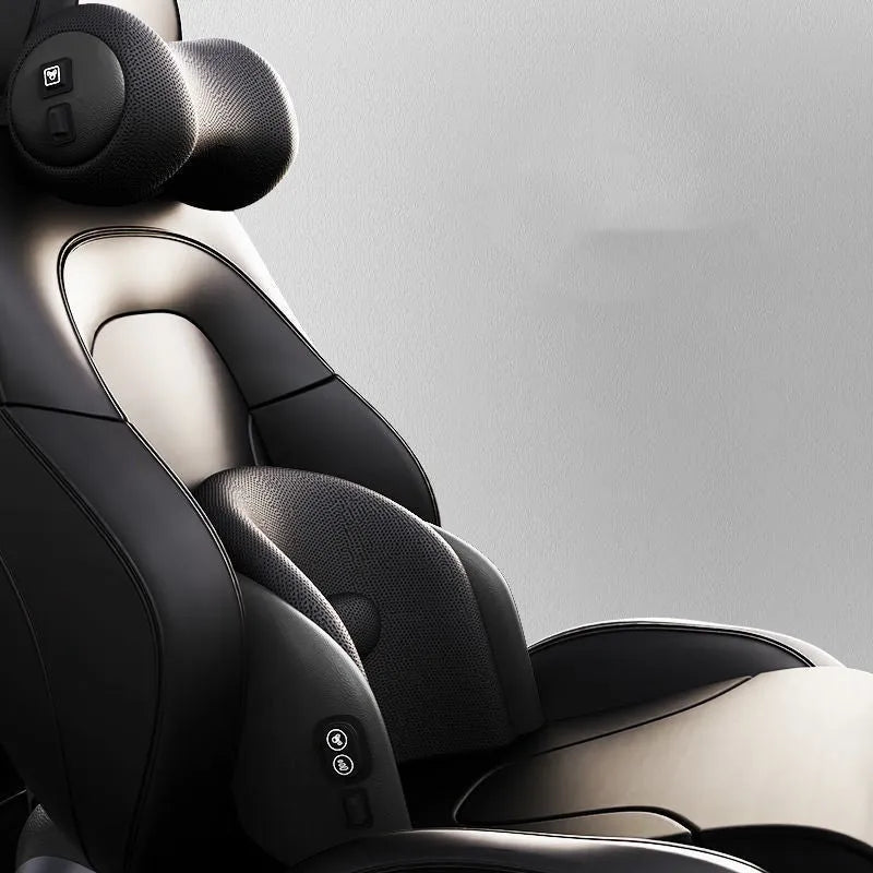 Modular car massage cushion with separate memory cotton headrest and lumbar support units in grey.