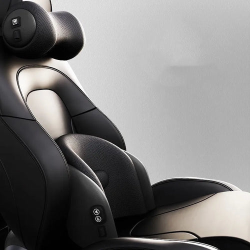 Modular car massage cushion with separate memory cotton headrest and lumbar support units in grey.