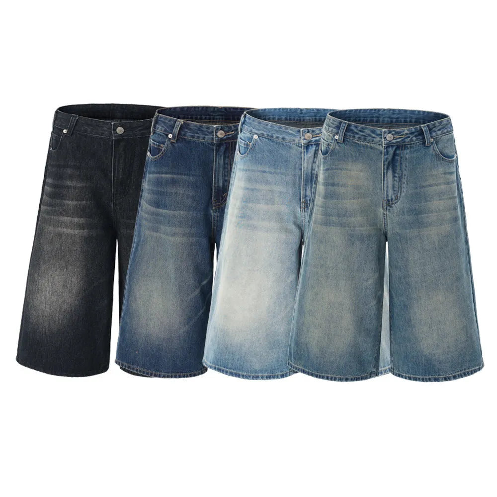 Men's light blue cotton denim loose-fit straight-leg summer shorts on a neutral background