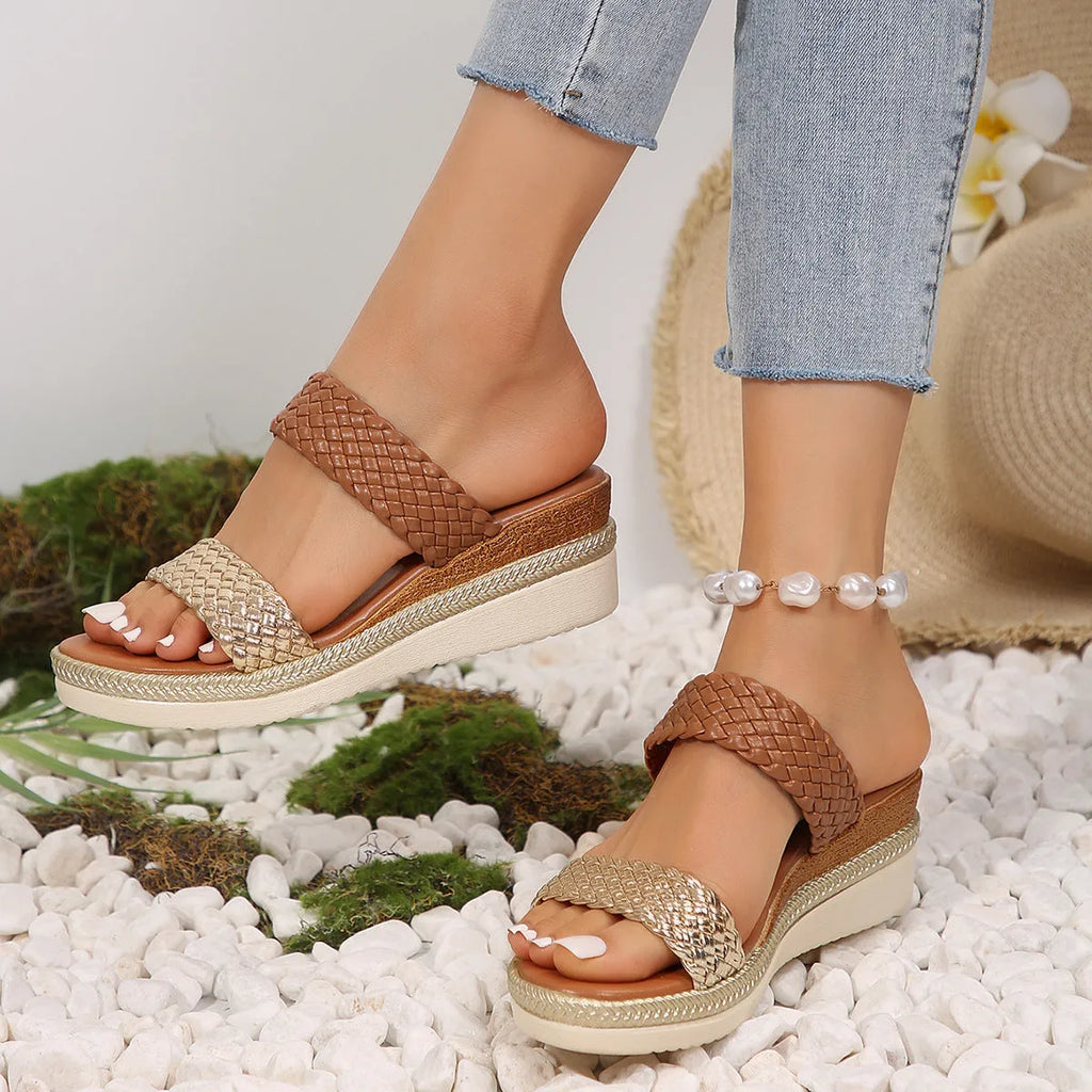 Gold and silver women's plus size wedge sandals with PU upper and rubber sole.