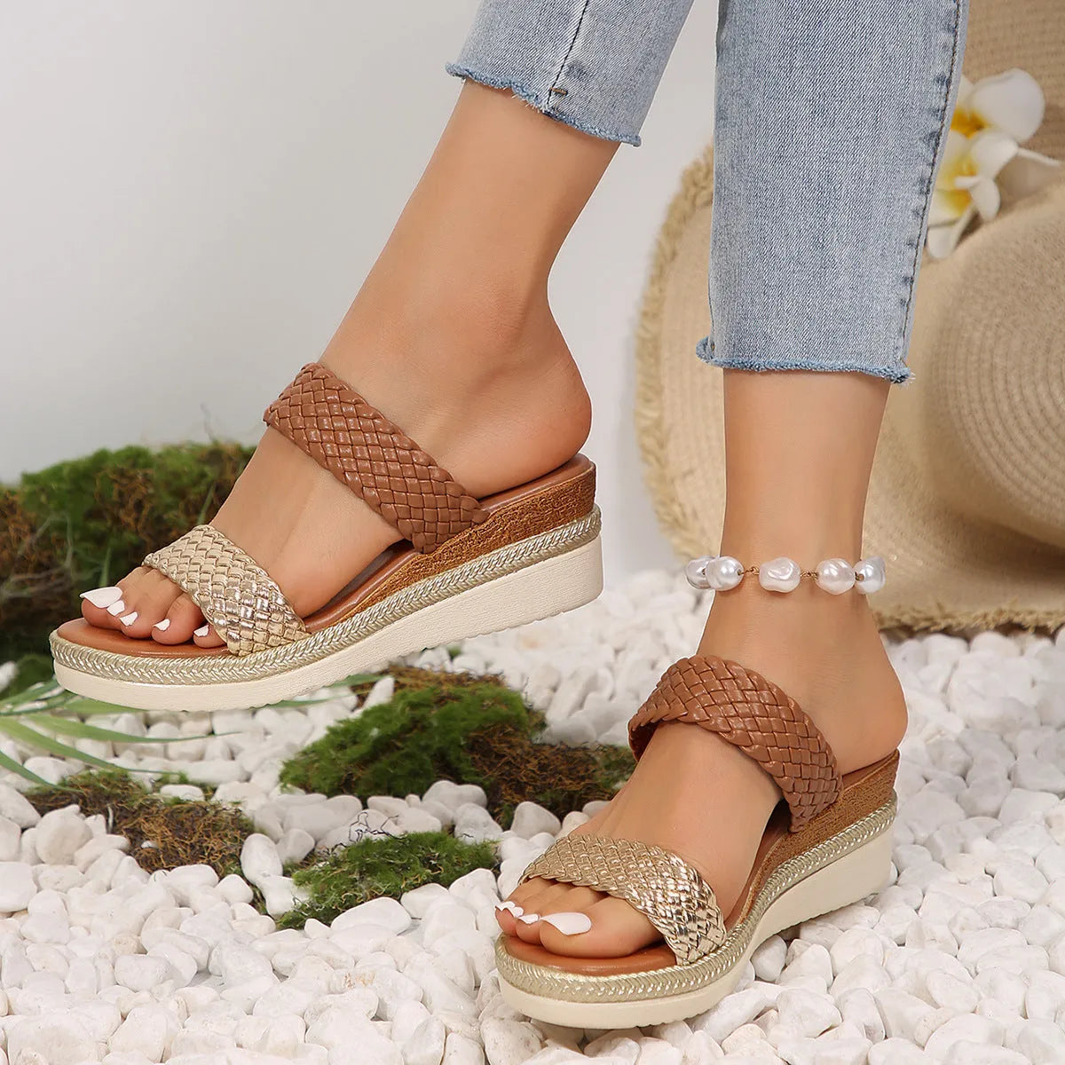 Gold and silver women's plus size wedge sandals with PU upper and rubber sole.