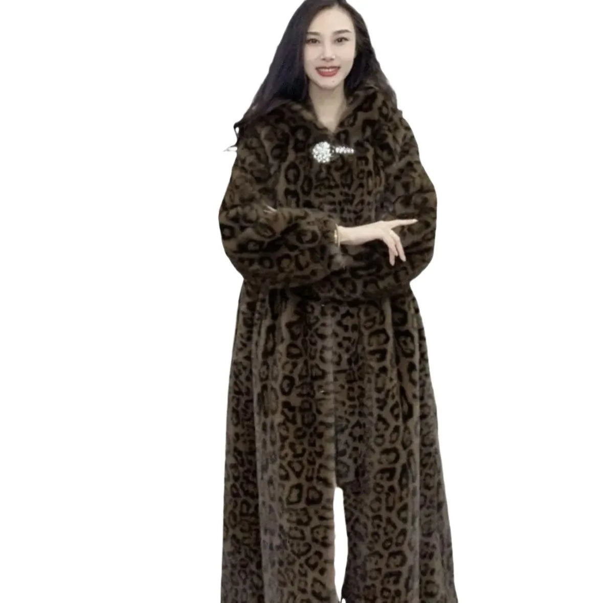 Women's plus size long faux fur coat in brown leopard print colour with 100cm length