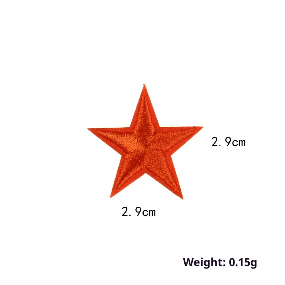 Colourful embroidered five-pointed star designs on cloth sticker labels for DIY clothing customisation.