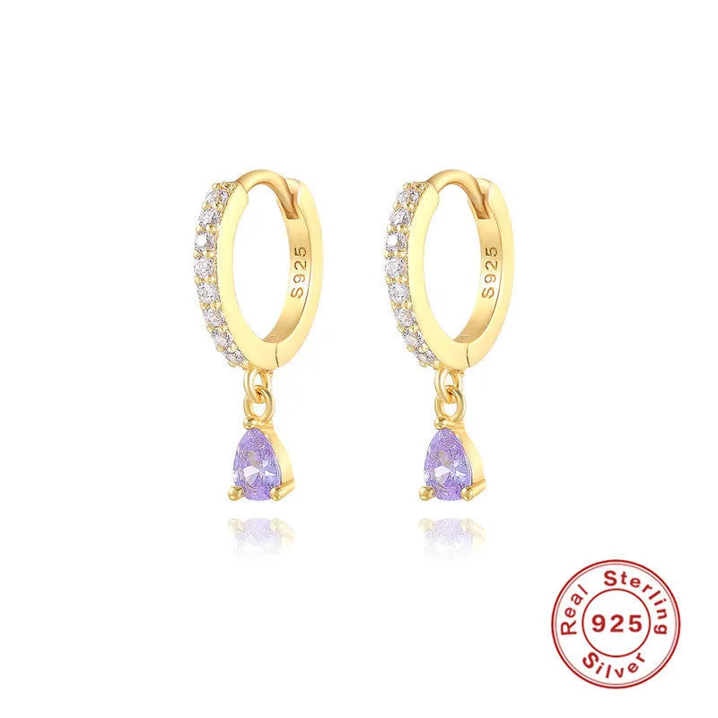 S925 sterling silver geometric water drop earrings with electroplated finish and gemstone accents