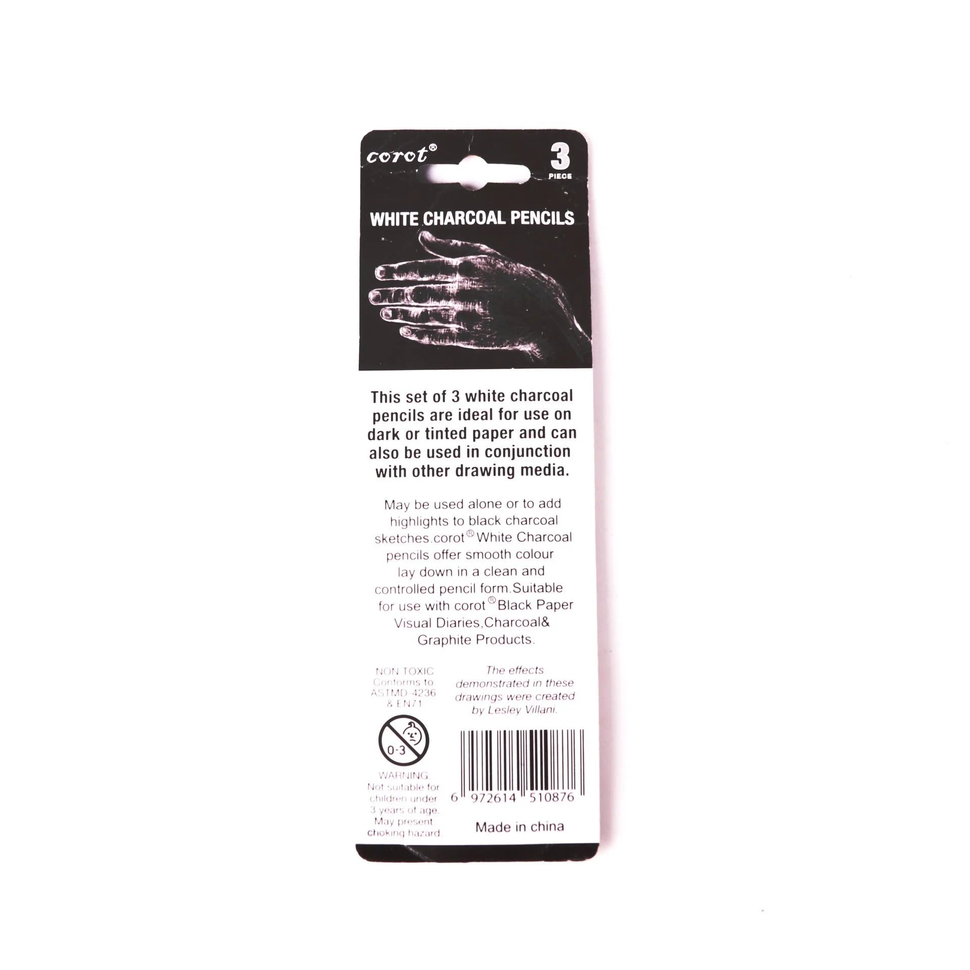 White charcoal pencils in wooden casing for drawing on dark paper with moderate hardness lead