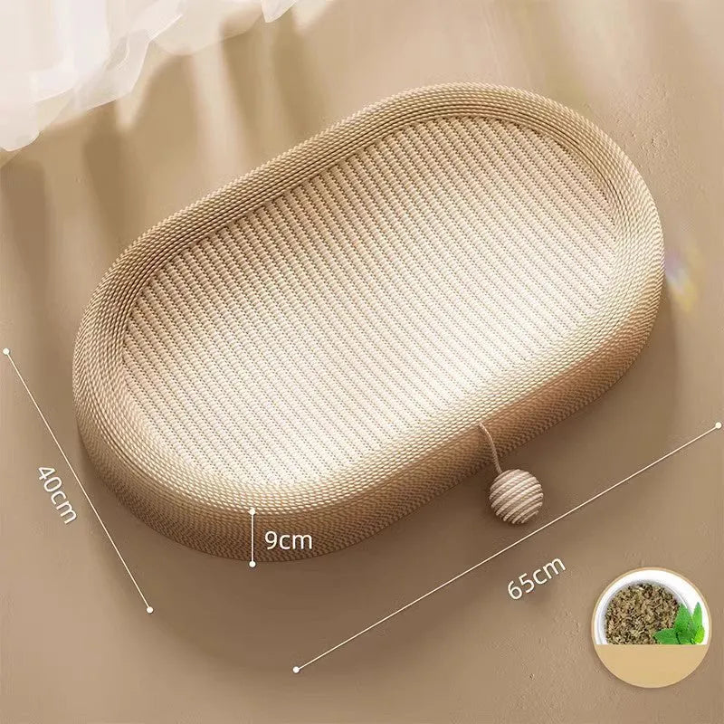 Large natural sisal cat scratching board with raised lounging platform in beige colour