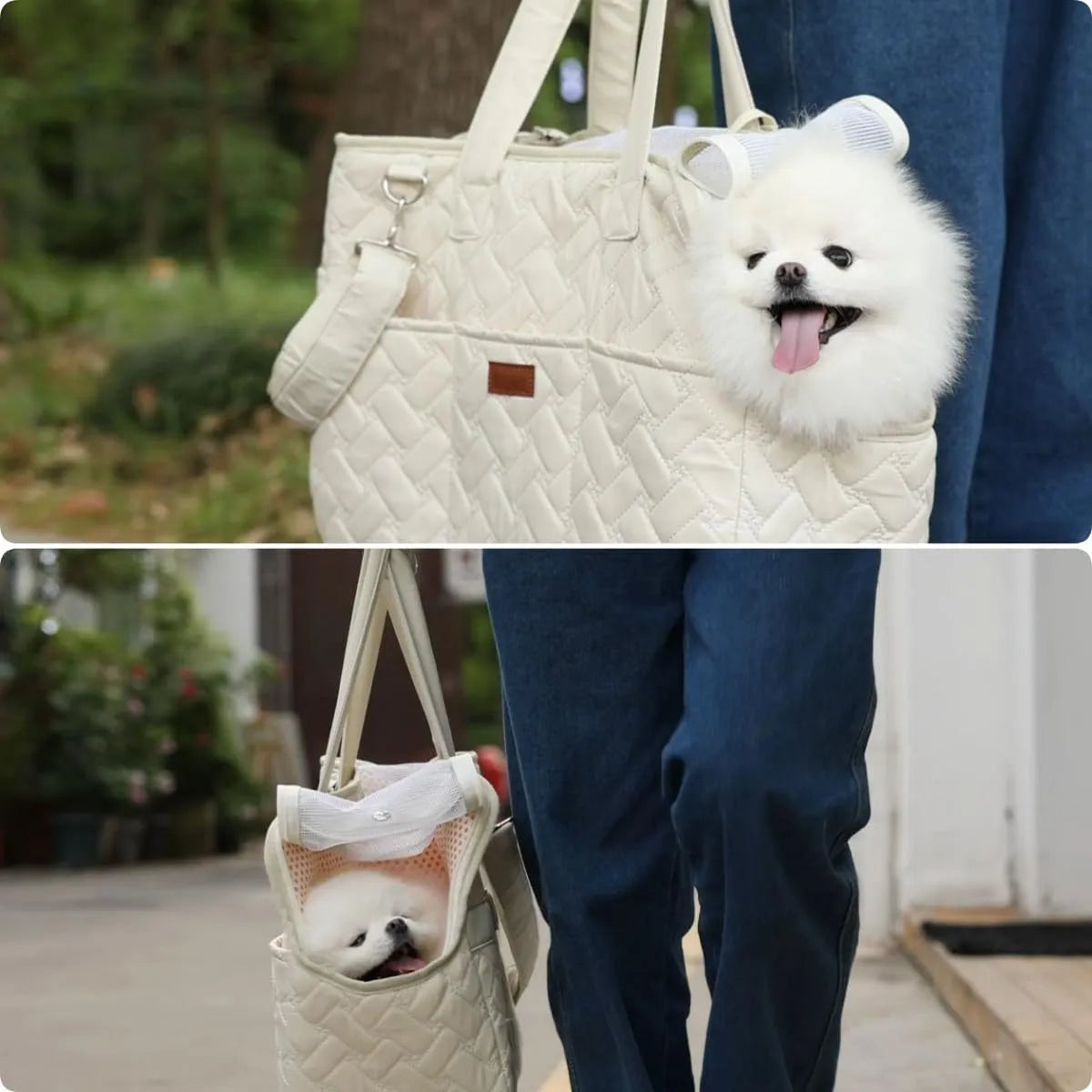 Grey nylon pet carrier handbag with mesh panels and a soft interior for a cat or small dog.