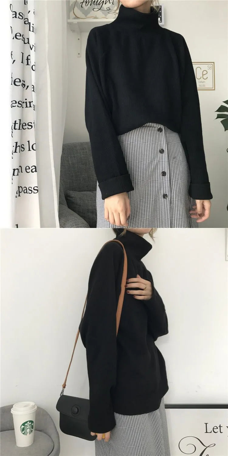Women's plain colour loose fit long sleeve top with half-high collar in apricot, white, or black