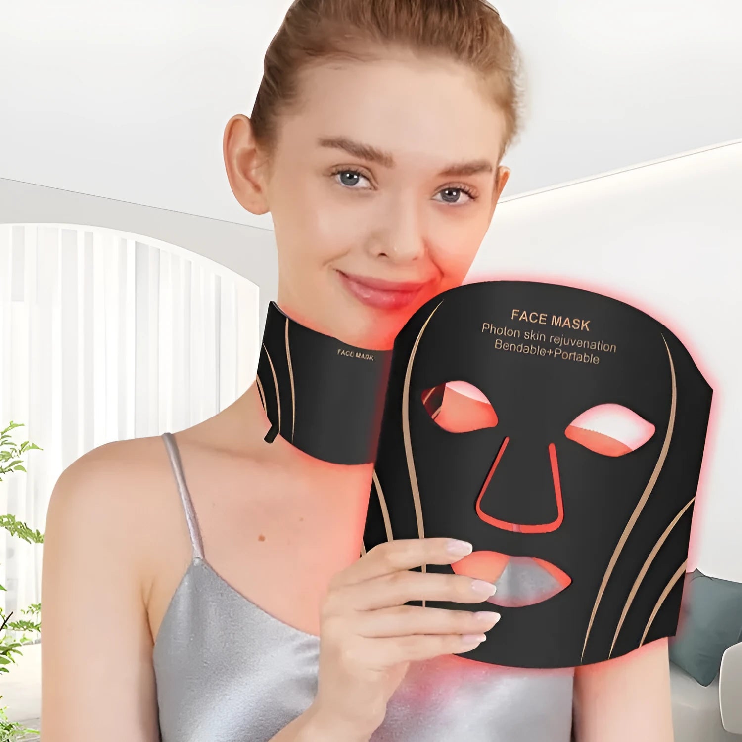 Black and gold hard shell IPL LED photon facial beauty mask with headband and touch screen.