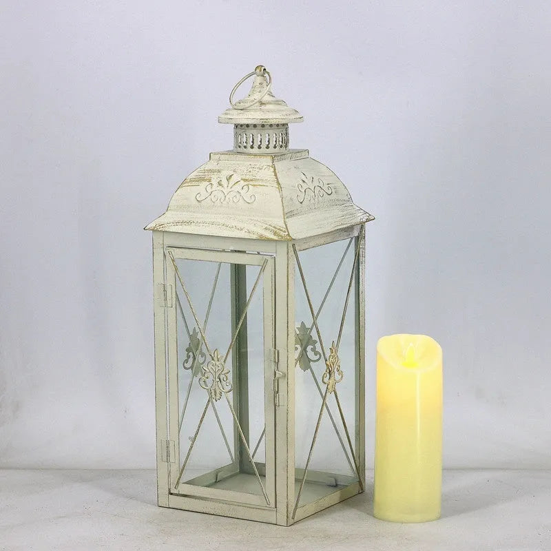 European black and white wrought iron floor-standing storm lantern with tempered glass in three sizes for courtyard decoration.
