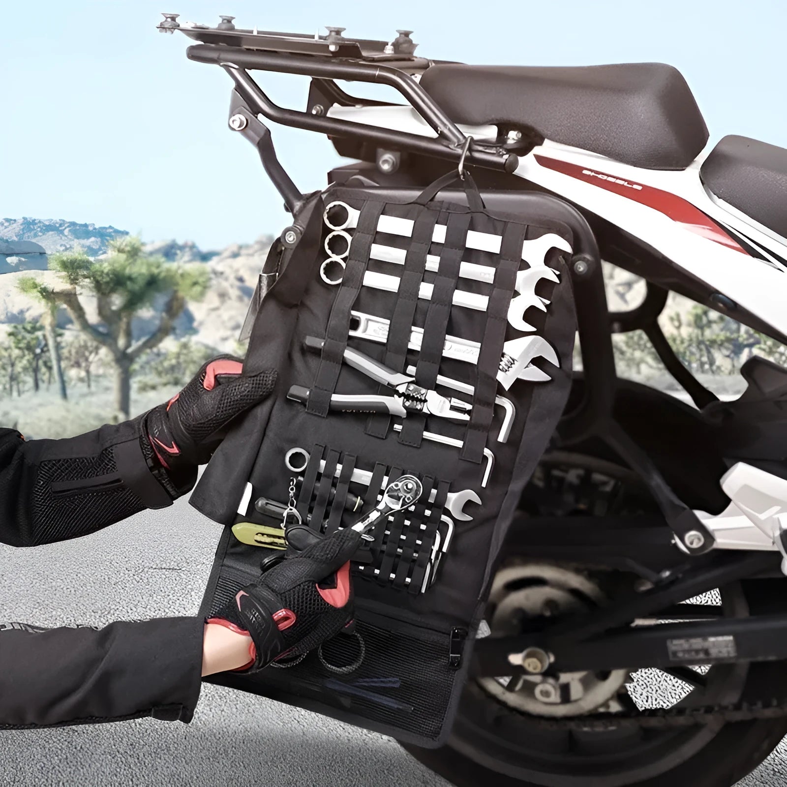 Motorcycle folding tool bag in Oxford cloth compact size 25.7 by 5 by 13.7 centimetres