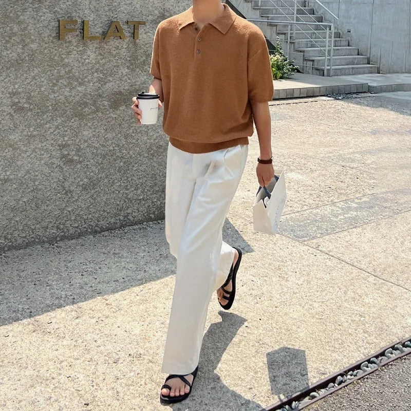 Men's caramel coloured retro knitted polo shirt with asymmetrical design and short sleeves