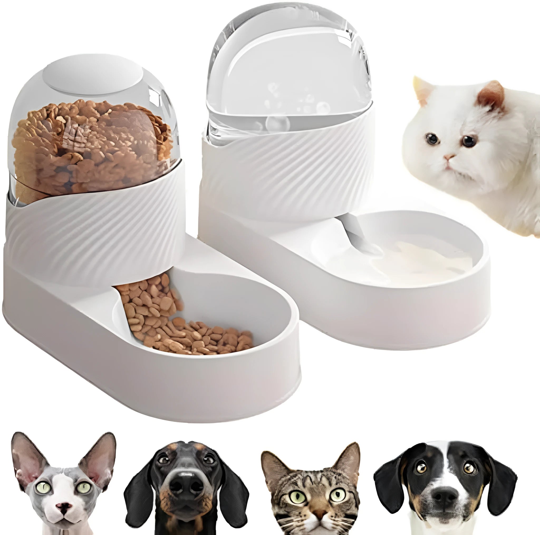 White cat feeder and water dispenser set with wave-shaped design and two 2000ml reservoirs
