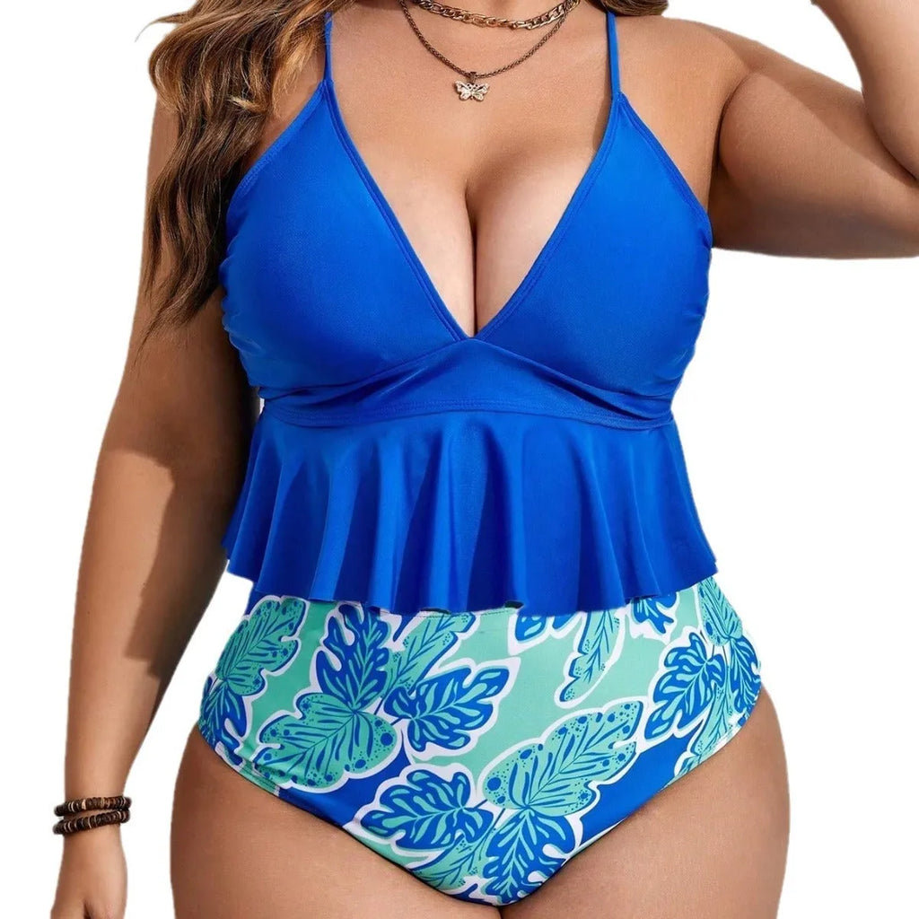 Blue women's bikini swimsuit set with briefs, European and American sizes 0XL to 4XL.