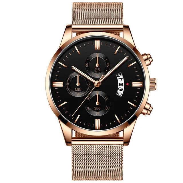 Men's stainless steel quartz watch with mesh band in a two-tone colour option.