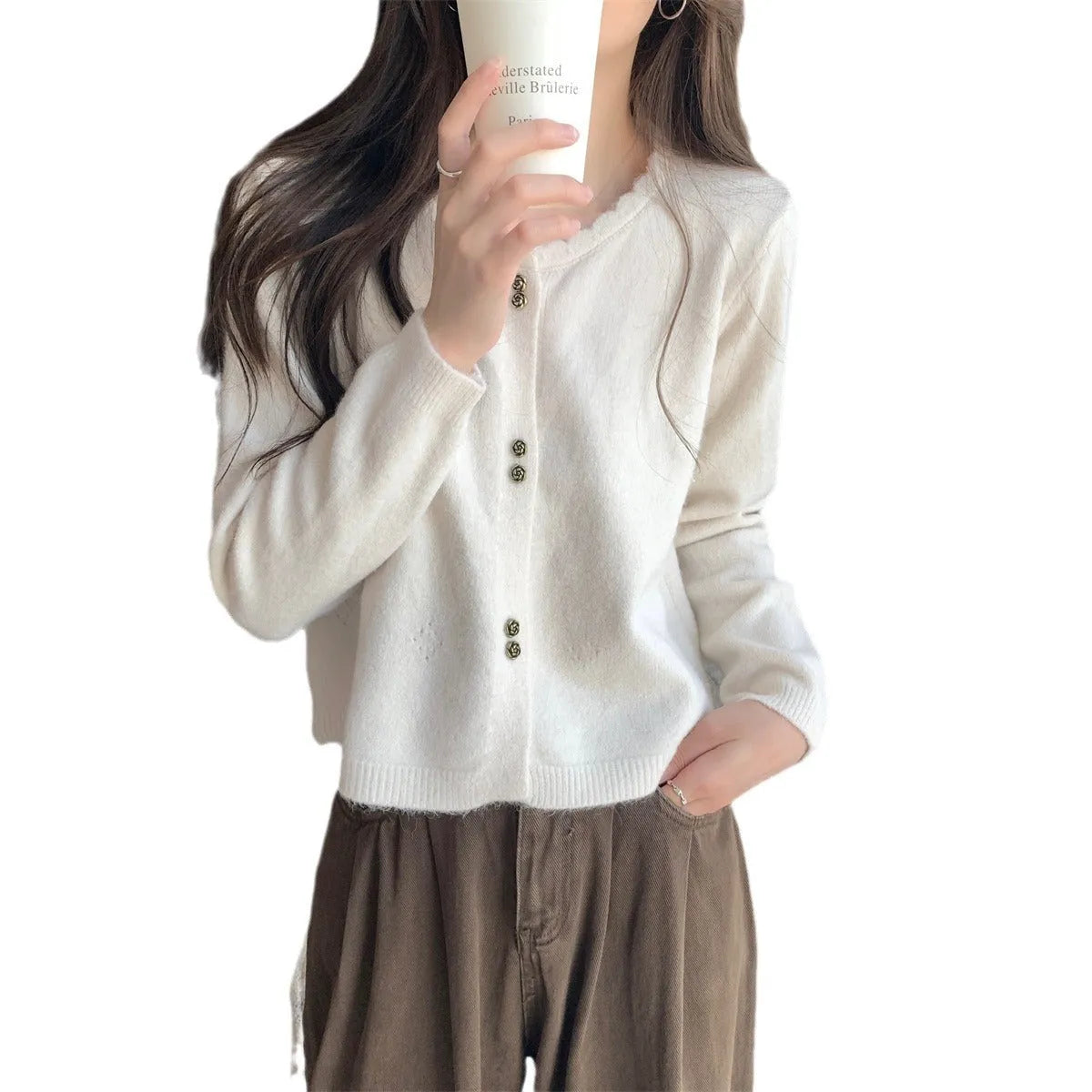 Women's long-sleeved acrylic cardigan sweater in five colour options with regular sleeve design