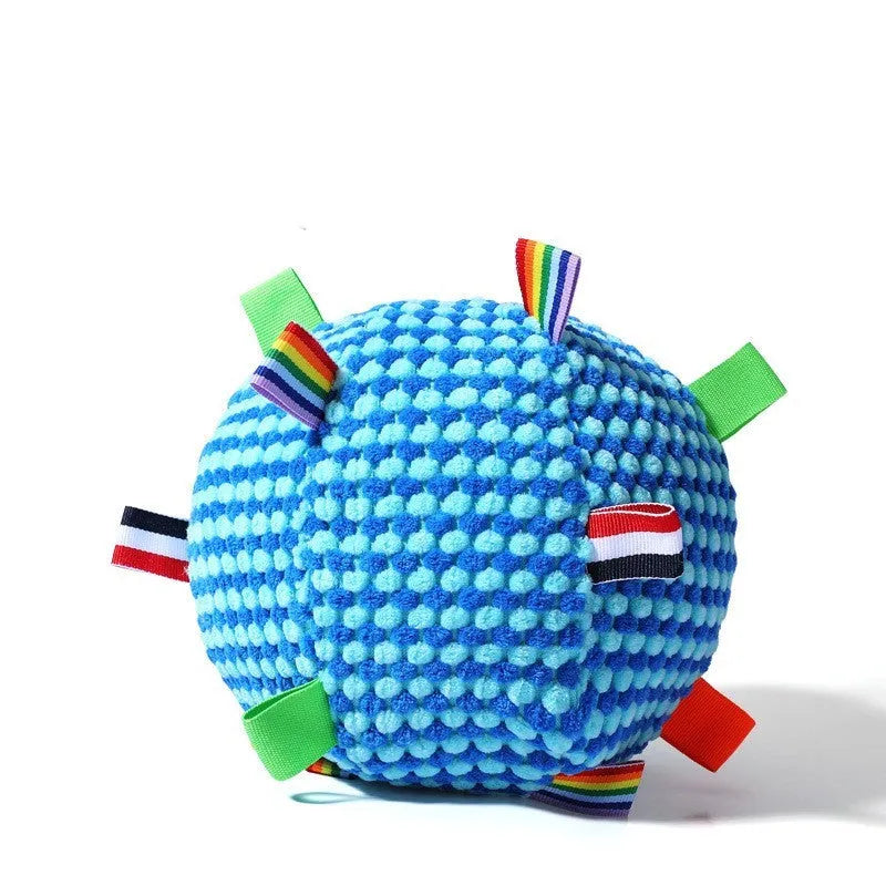 Blue and green pineapple lattice dog ball with ring, approximately 17cm diameter