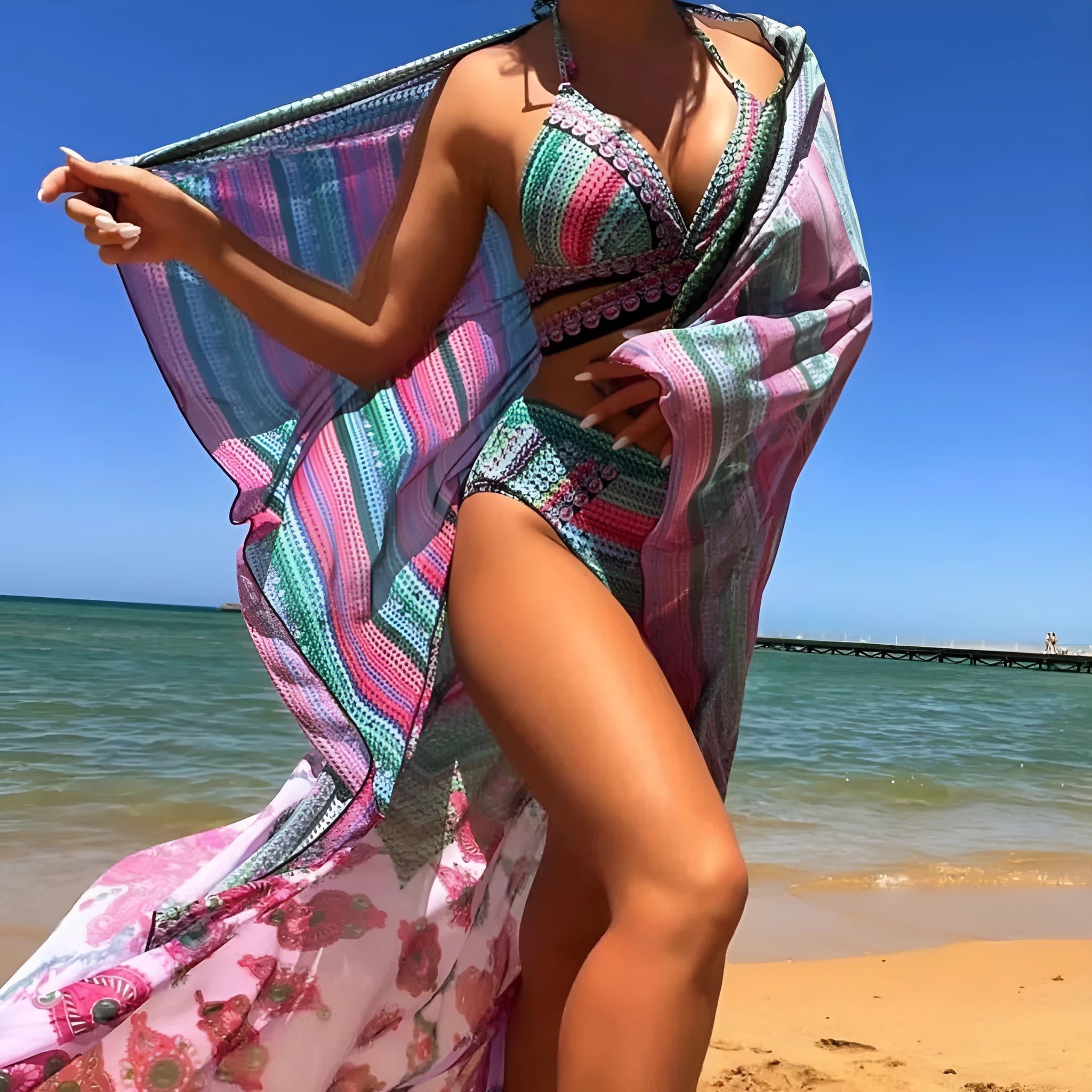 Women's cross bandage three-piece swimsuit with high waist veils design in blue red colour