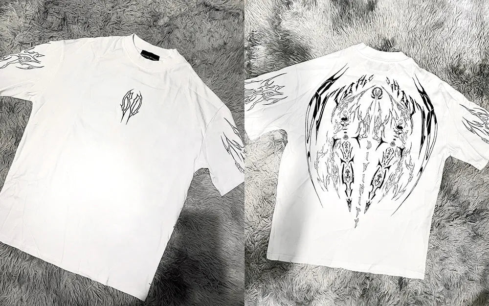 Dark style loose fit pure cotton short-sleeved t-shirt with gilding craft detail available in sizes S to XXL