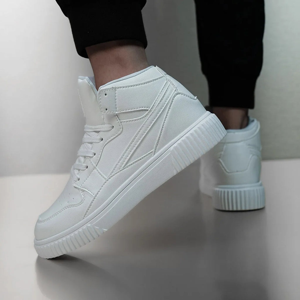 Men's white casual shoes with round toe and microfiber upper in solid color design for autumn winter leisure wear.
